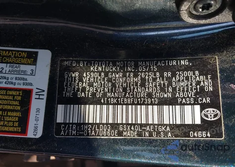 2015 Toyota Avalon Xle z USA, uszkodzony, nr VIN 4T1BK1EB8FU173913
